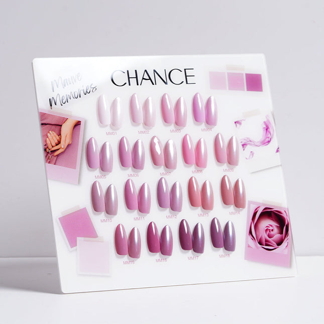 Chance Mauve Memories Collection 0.5oz - 18 Colors w/ 1 Counter Display, 3 Chance No Wipe Top Coat 0.5oz & 1 Cre8tion White Pearl Chrome