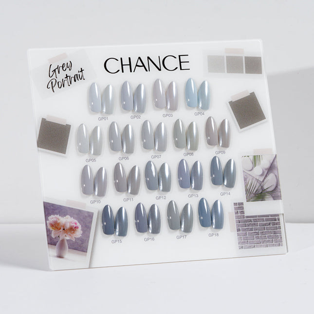 Chance Grey Portrait Collection 0.5oz - 18 Colors w/ 1 Counter Display, 3 Chance No Wipe Top Coat 0.5oz & 1 Cre8tion White Pearl Chrome