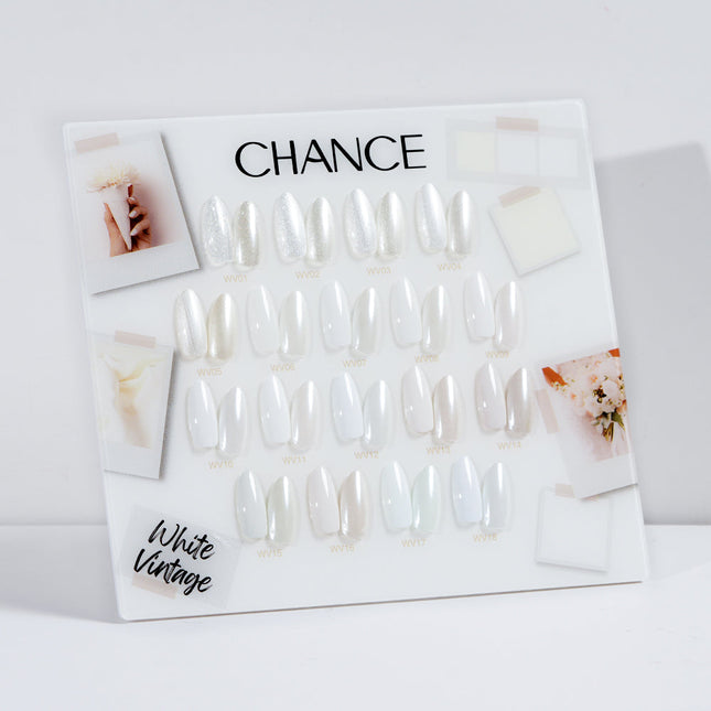 Chance White Vintage Collection 0.5oz - 18 Colors w/ 1 Counter Display, 3 Chance No Wipe Top Coat 0.5oz & 1 Cre8tion White Pearl Chrome