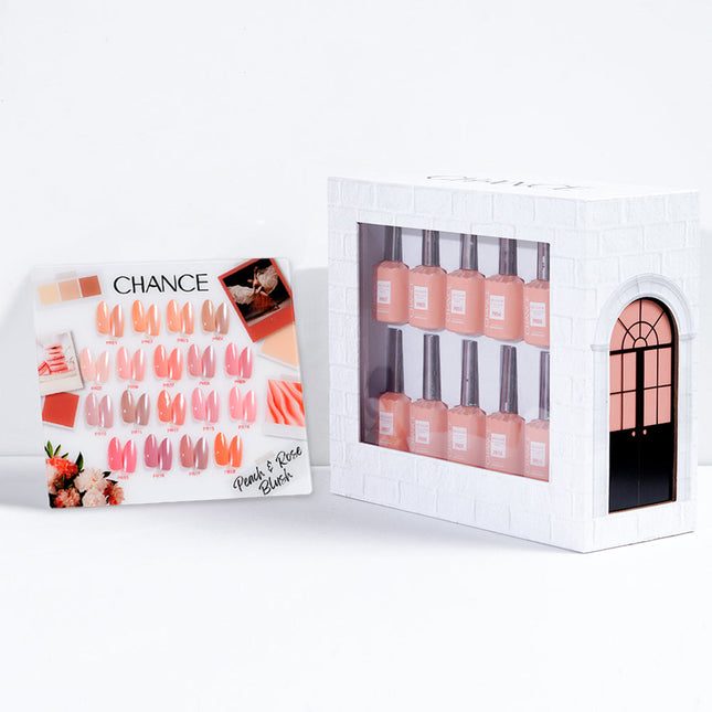 Chance Peach & Rose Blush Collection 0.5oz - 18 Colors w/ 1 Counter Display, 3 Chance No Wipe Top Coat 0.5oz & 1 Cre8tion White Pearl Chrome