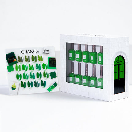 Chance Green Escape Collection 0.5oz - 18 Colors w/ 1 Counter Display, 3 Chance No Wipe Top Coat 0.5oz & 1 Cre8tion White Pearl Chrome