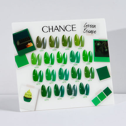 Chance Green Escape Collection 0.5oz - 18 Colors w/ 1 Counter Display, 3 Chance No Wipe Top Coat 0.5oz & 1 Cre8tion White Pearl Chrome