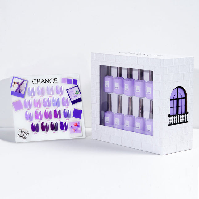 Chance Purple Vanity Collection 0.5oz - 18 Colors w/ 1 Counter Display, 3 Chance No Wipe Top Coat 0.5oz & 1 Cre8tion White Pearl Chrome