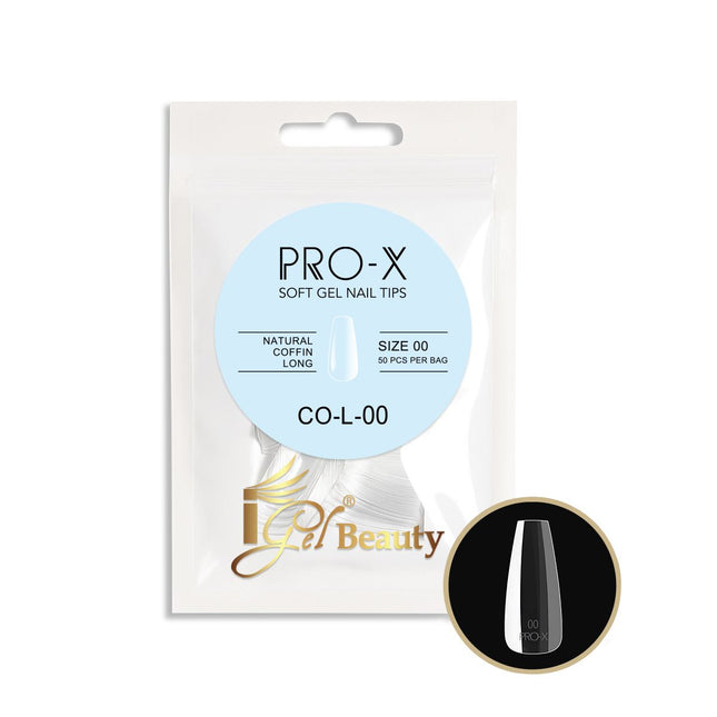 iGel PRO-X Soft Gel Nail Tips 15 - Natural Coffin Long Size 00-9 (Refill Bag)