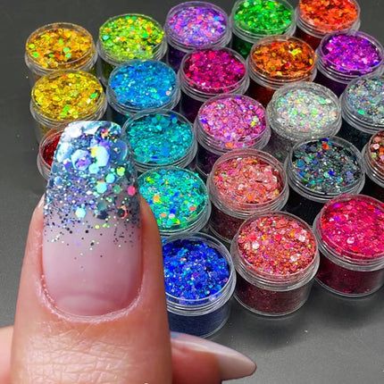 Laser Holographic Glitter Flakes Set – 24 Chunky Colors