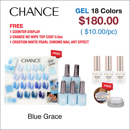 Chance Blue Grace Collection 0.5oz - 18 Colors w/ 1 Counter Display, 3 Chance No Wipe Top Coat 0.5oz & 1 Cre8tion White Pearl Chrome