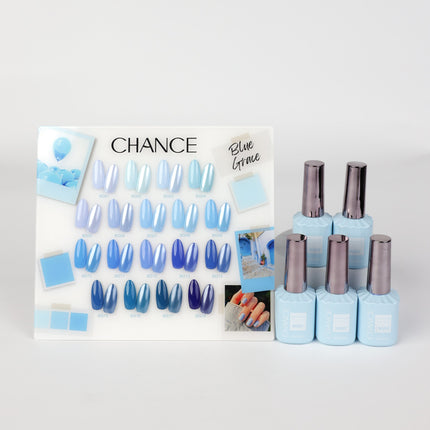 Chance Blue Grace Collection 0.5oz - 18 Colors w/ 1 Counter Display, 3 Chance No Wipe Top Coat 0.5oz & 1 Cre8tion White Pearl Chrome