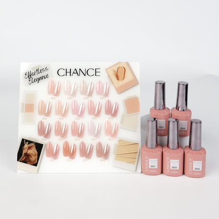 Chance Effortless Elegance Collection 0.5oz - 18 Colors w/ 1 Counter Display, 3 Chance No Wipe Top Coat 0.5oz & 1 Cre8tion White Pearl Chrome