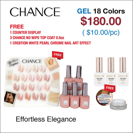 Chance Effortless Elegance Collection 0.5oz - 18 Colors w/ 1 Counter Display, 3 Chance No Wipe Top Coat 0.5oz & 1 Cre8tion White Pearl Chrome