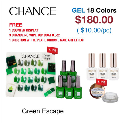 Chance Green Escape Collection 0.5oz - 18 Colors w/ 1 Counter Display, 3 Chance No Wipe Top Coat 0.5oz & 1 Cre8tion White Pearl Chrome
