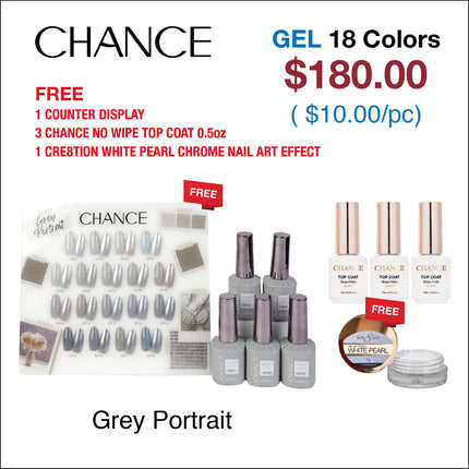 Chance Grey Portrait Collection 0.5oz - 18 Colors w/ 1 Counter Display, 3 Chance No Wipe Top Coat 0.5oz & 1 Cre8tion White Pearl Chrome