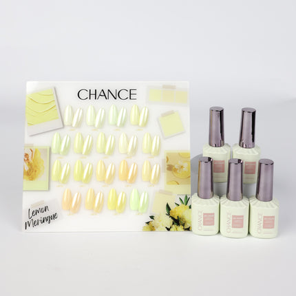 Chance Lemon Meringue Collection 0.5oz - 18 Colors w/ 1 Counter Display, 3 Chance No Wipe Top Coat 0.5oz & 1 Cre8tion White Pearl Chrome
