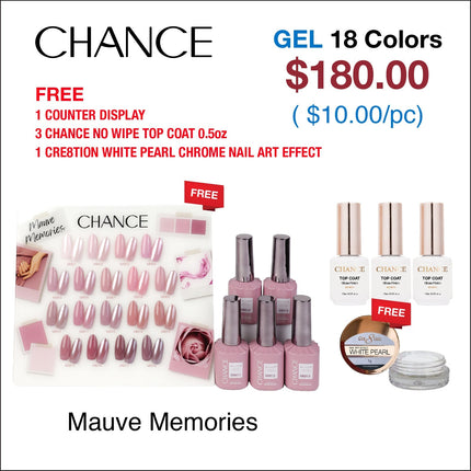 Chance Mauve Memories Collection 0.5oz - 18 Colors w/ 1 Counter Display, 3 Chance No Wipe Top Coat 0.5oz & 1 Cre8tion White Pearl Chrome