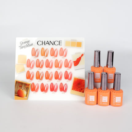 Chance Orange Temptation Collection 0.5oz - 18 Colors w/ 1 Counter Display, 3 Chance No Wipe Top Coat 0.5oz & 1 Cre8tion White Pearl Chrome