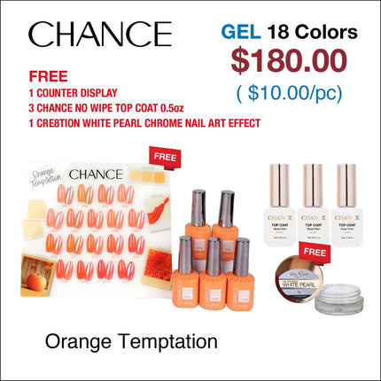 Chance Orange Temptation Collection 0.5oz - 18 Colors w/ 1 Counter Display, 3 Chance No Wipe Top Coat 0.5oz & 1 Cre8tion White Pearl Chrome