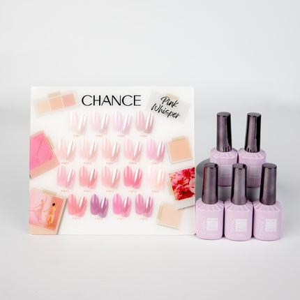 Chance Pink Whisper Collection 0.5oz - 18 Colors w/ 1 Counter Display, 3 Chance No Wipe Top Coat 0.5oz & 1 Cre8tion White Pearl Chrome
