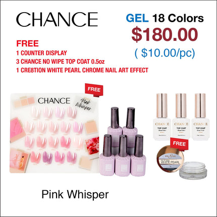Chance Pink Whisper Collection 0.5oz - 18 Colors w/ 1 Counter Display, 3 Chance No Wipe Top Coat 0.5oz & 1 Cre8tion White Pearl Chrome