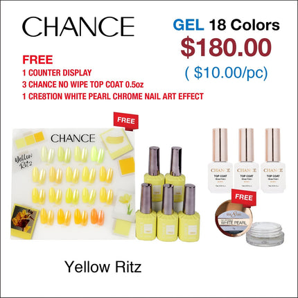 Chance Yellow Ritz Collection 0.5oz - 18 Colors w/ 1 Counter Display, 3 Chance No Wipe Top Coat 0.5oz & 1 Cre8tion White Pearl Chrome