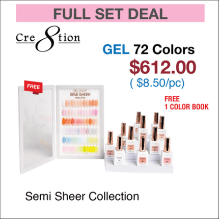 Cre8tion Hema Free Semi-Sheer Collection 0.5oz - Full Set 72 Colors w/ 1 Color Book & 1 Counter Color Chart