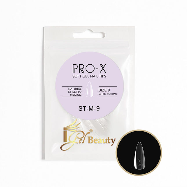 iGel PRO-X Soft Gel Nail Tips 08 - Natural Stiletto Medium Size 00-9 (Refill Bag)