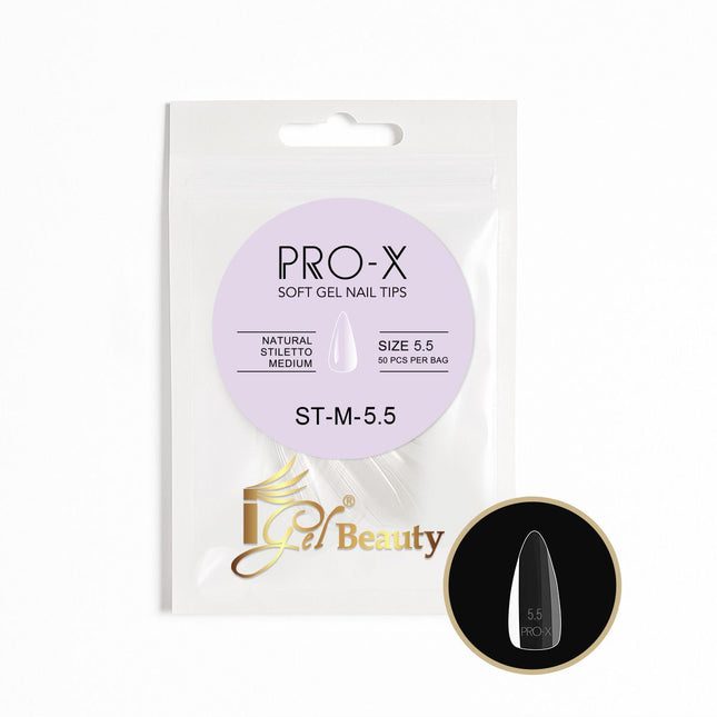 iGel PRO-X Soft Gel Nail Tips 08 - Natural Stiletto Medium Size 00-9 (Refill Bag)